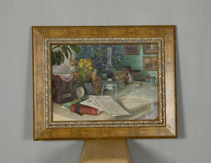 Oil Painting Still Life / Painting with Books Food Drink Flowers on the Table