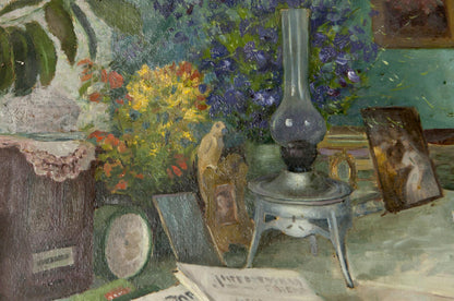 Oil Painting Still Life / Painting with Books Food Drink Flowers on the Table