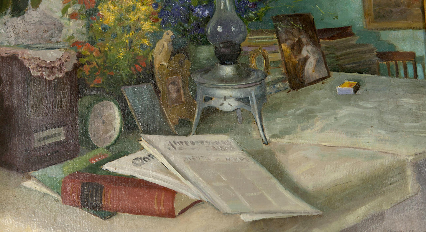 Oil Painting Still Life / Painting with Books Food Drink Flowers on the Table