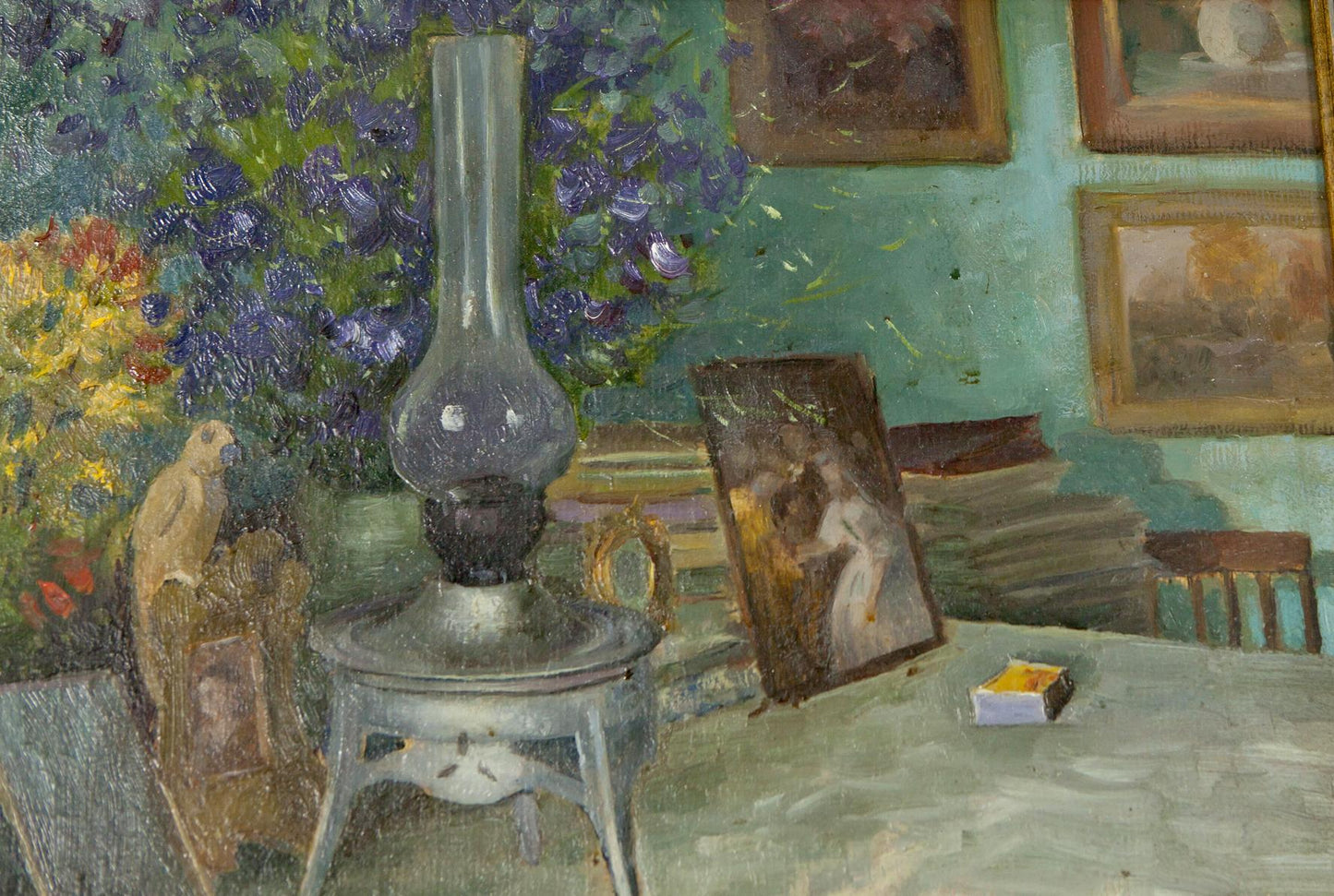 Oil Painting Still Life / Painting with Books Food Drink Flowers on the Table