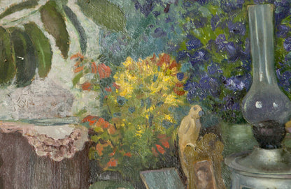 Oil Painting Still Life / Painting with Books Food Drink Flowers on the Table