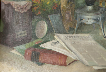 Oil Painting Still Life / Painting with Books Food Drink Flowers on the Table