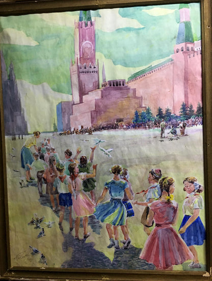 Watercolor painting Children on Red Square Alikberov V.