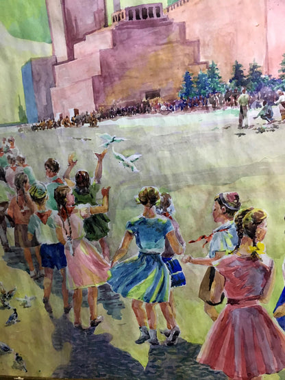 Watercolor painting Children on Red Square Alikberov V.