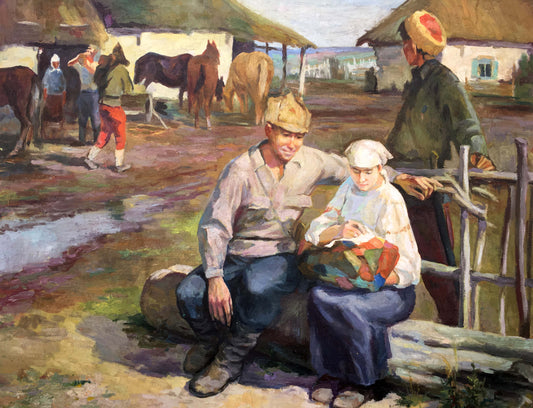 Social realism weekdays stanitsa oil painting