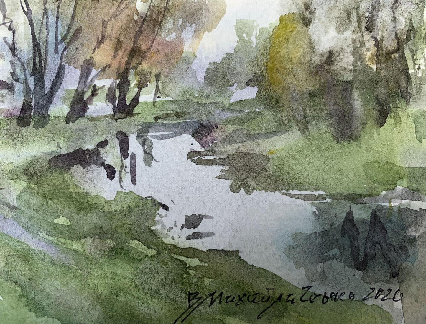 Watercolor painting River in the forest Viktor Mikhailichenko