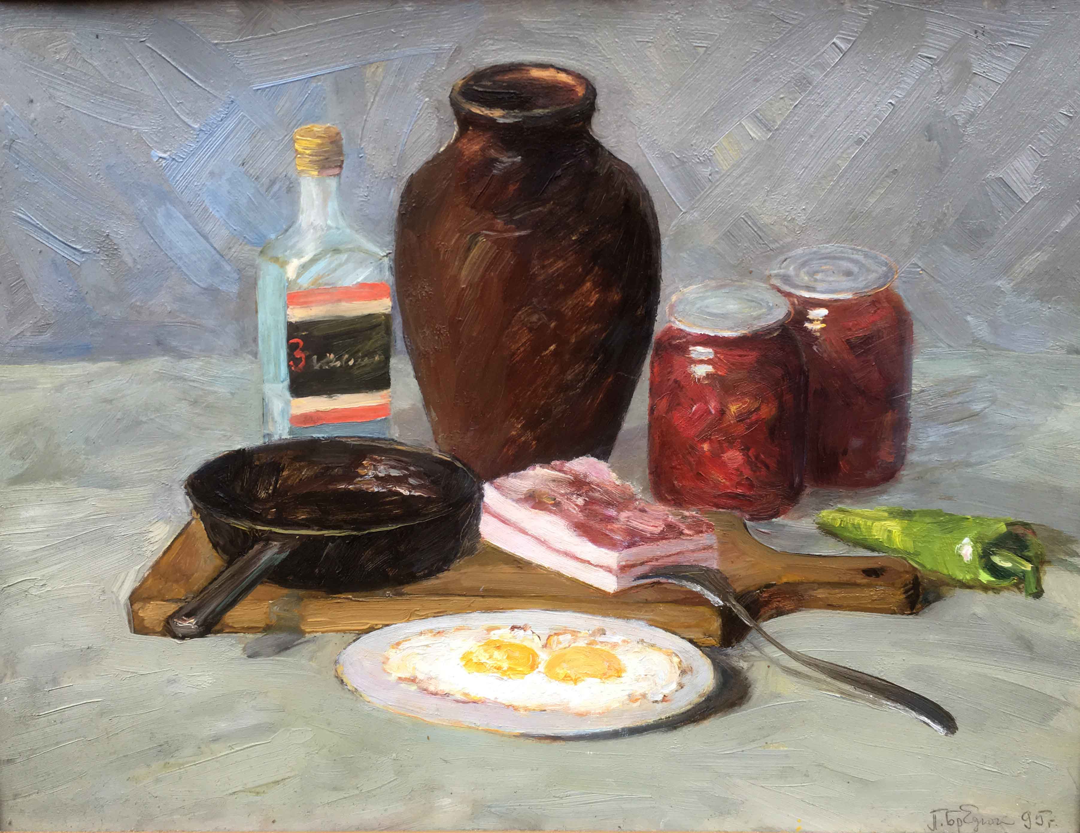 Oil painting food and drink salo eggs vodka bread, borsh Bredyuk Pavel Feodosiyevich