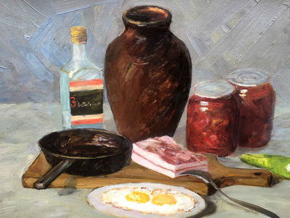 Oil painting food and drink salo eggs vodka bread, borsh Bredyuk Pavel Feodosiyevich