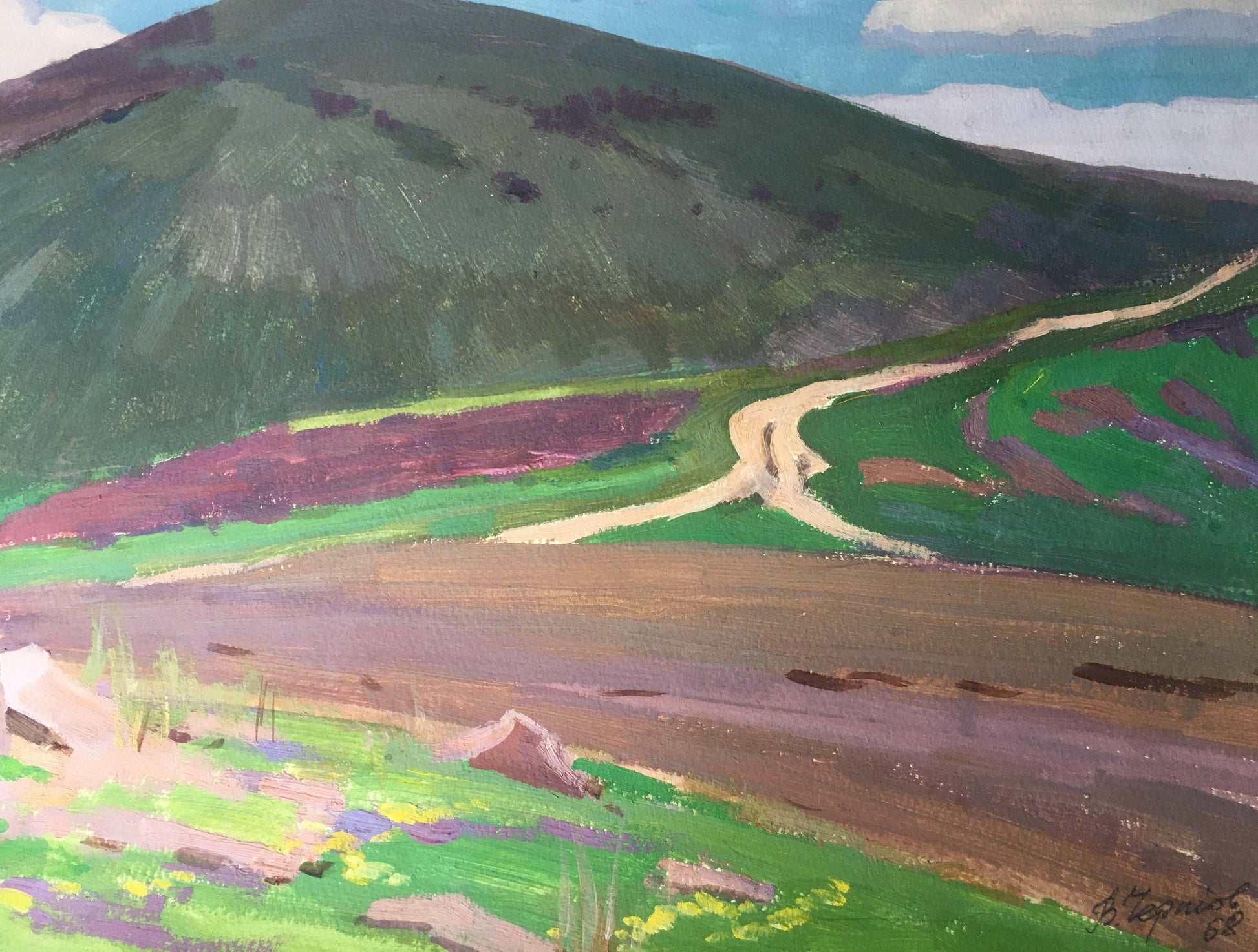 Gouache artwork featuring a "Mountain Landscape" by Vladimir Chernikov