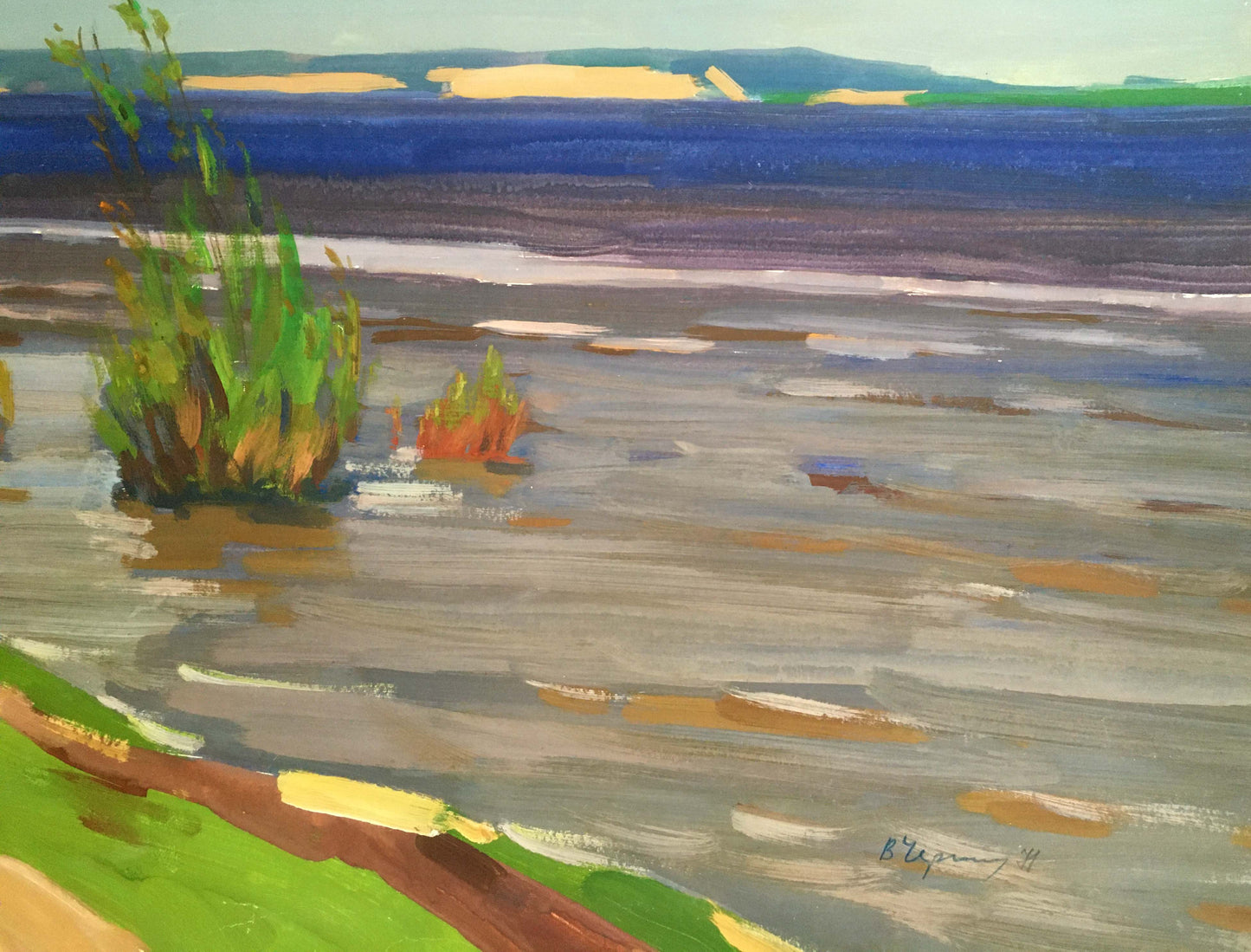 Gouache painting Serene river landscape Vladimir Chernikov