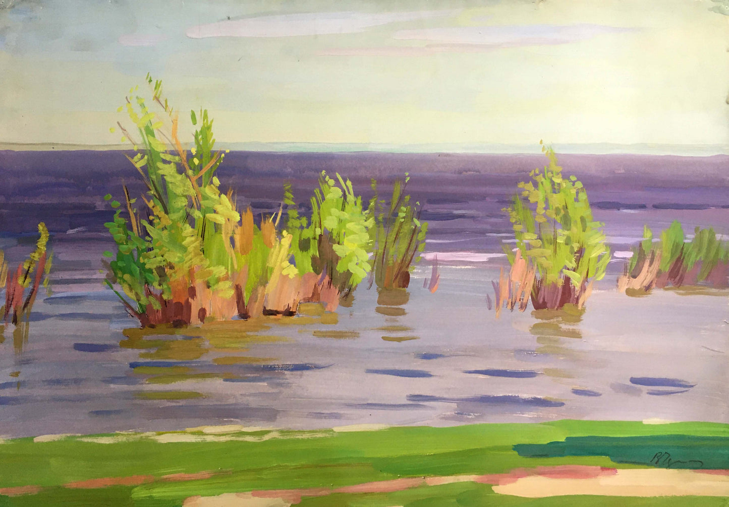 Gouache painting Calm coastal river Vladimir Chernikov