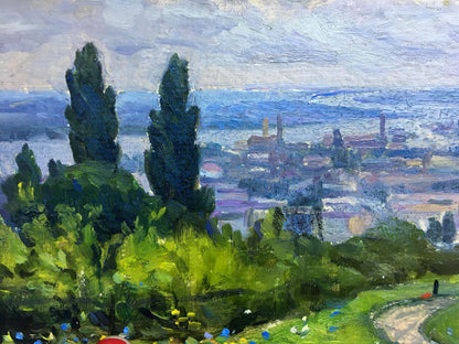 A picturesque rendition of Pechersky Park is depicted in Popov I. A.'s oil painting