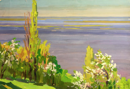 Gouache painting Quiet atmosphere by the river Vladimir Chernikov