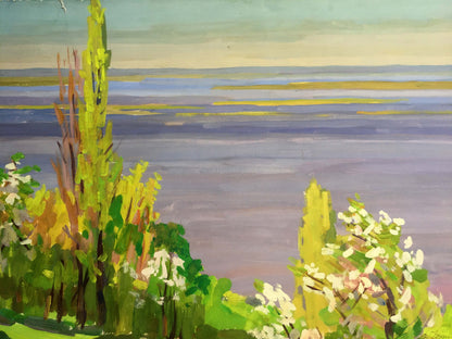 Gouache painting Quiet atmosphere by the river Vladimir Chernikov