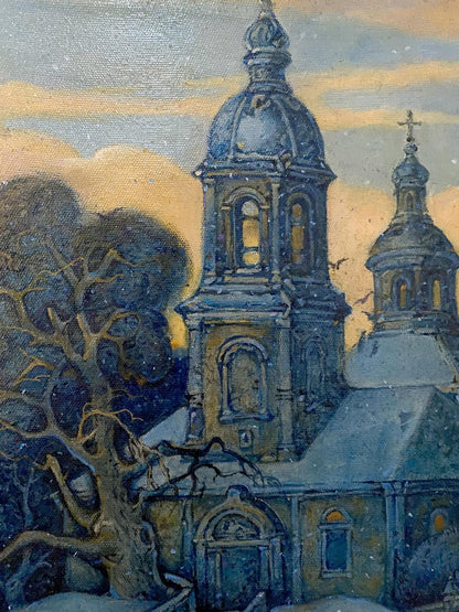 Oil painting Winter Scene at the Church Oleg Litvinov