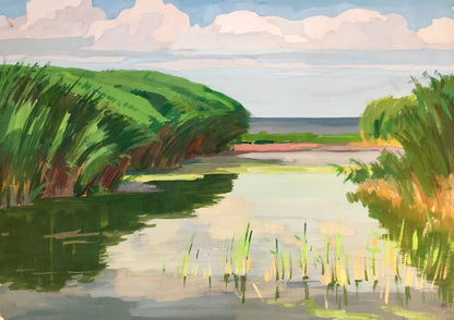 Gouache painting Gentle river glide Vladimir Chernikov