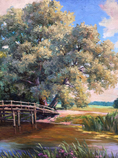 Nepiypivo's oil artwork, "River Landscape," evoking the tranquil allure of river landscapes.