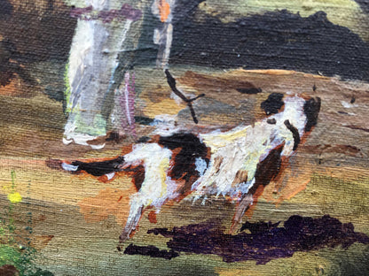 Oil painting grandpa with a dog go along the path