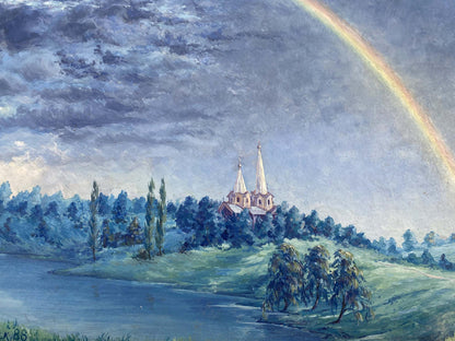 Oil painting titled "Rainbow over the Church" by Alexander Vladimirovich Lesik