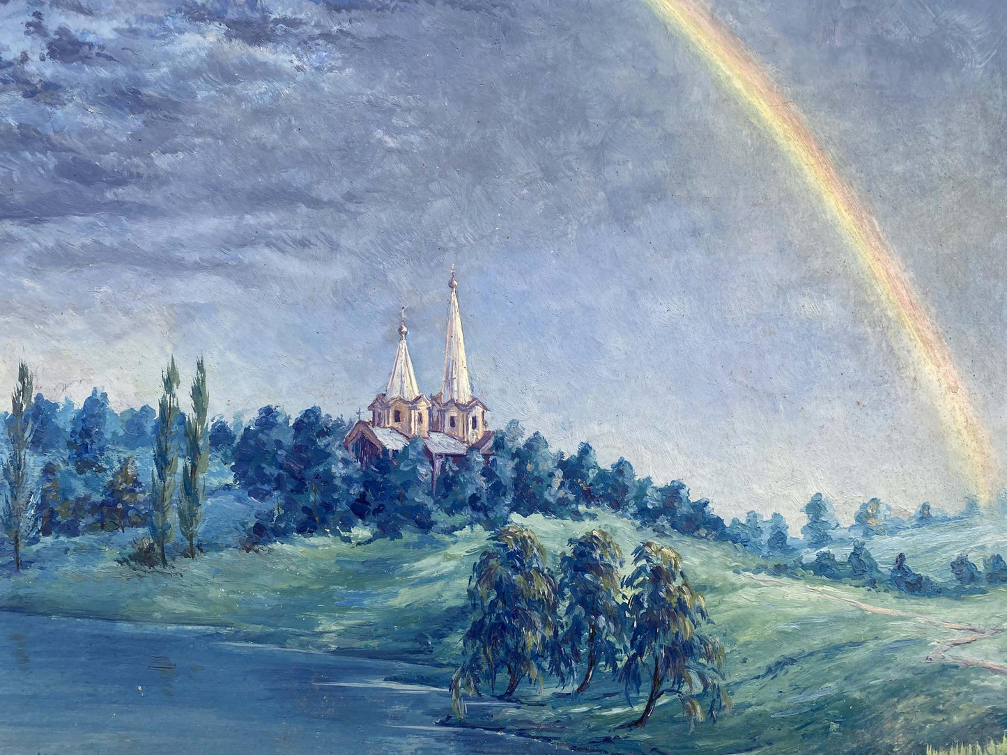 In Alexander Vladimirovich Lesik's oil artwork, a rainbow arches over the church