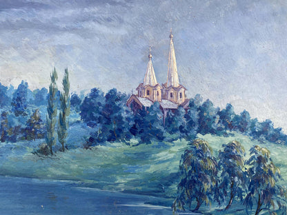 The church is bathed in the glow of a rainbow in Alexander Vladimirovich Lesik's oil painting