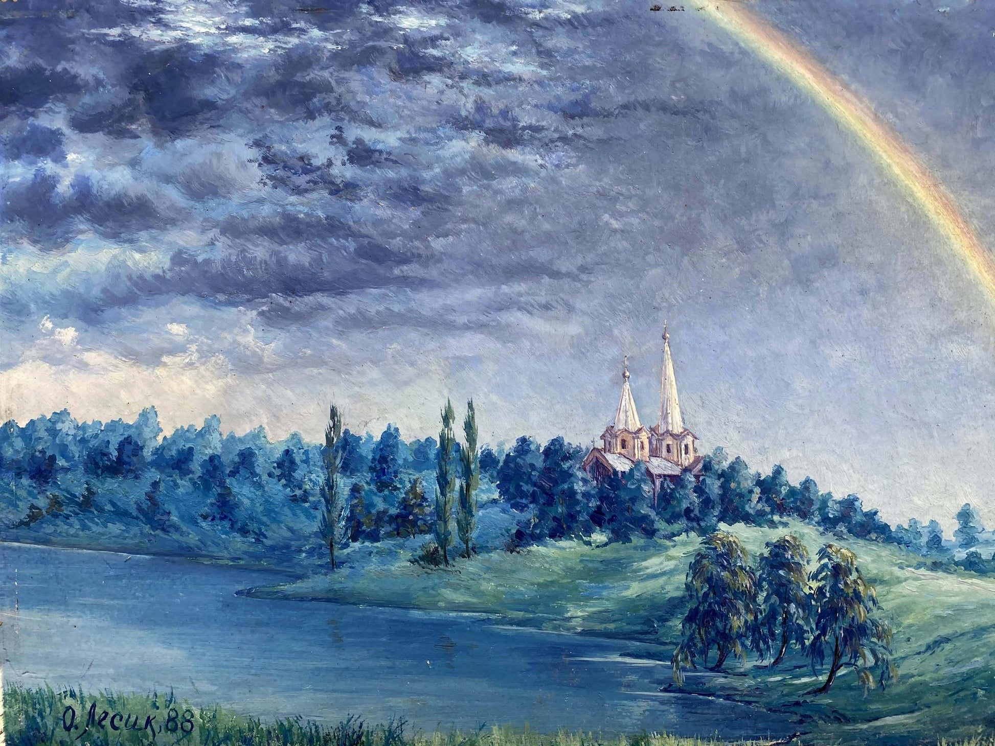In Alexander Vladimirovich Lesik's oil portrayal, a rainbow spans the horizon above the church