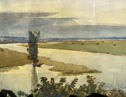 Watercolor painting River landscape Unknown artist