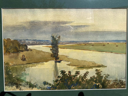 Watercolor painting River landscape Unknown artist