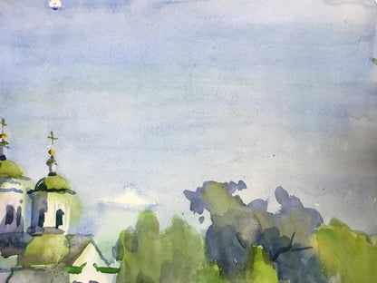 Watercolor painting Summer church bell Viktor Kryzhanivskyi