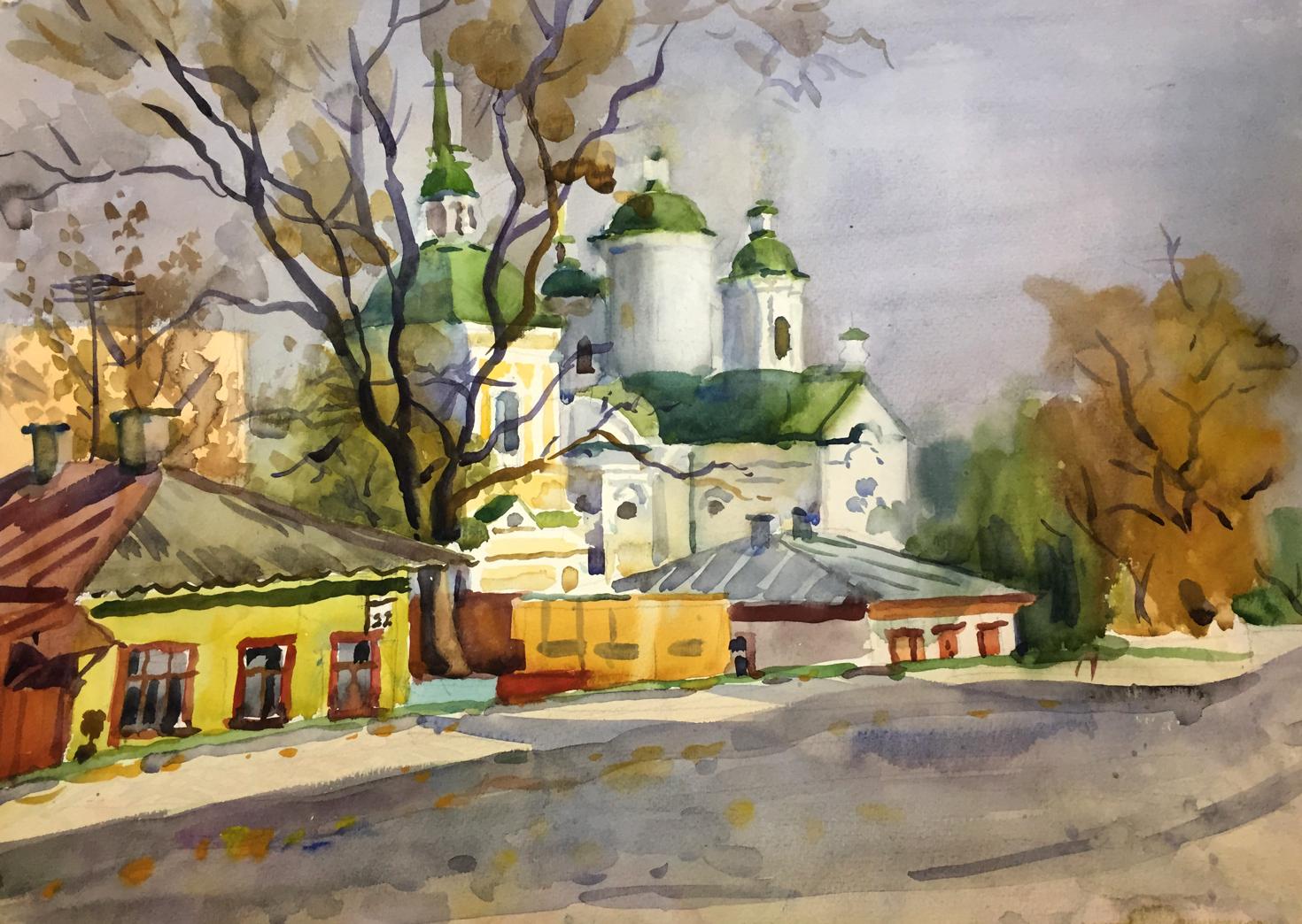 Watercolor painting City center and with church Viktor Kryzhanivskyi