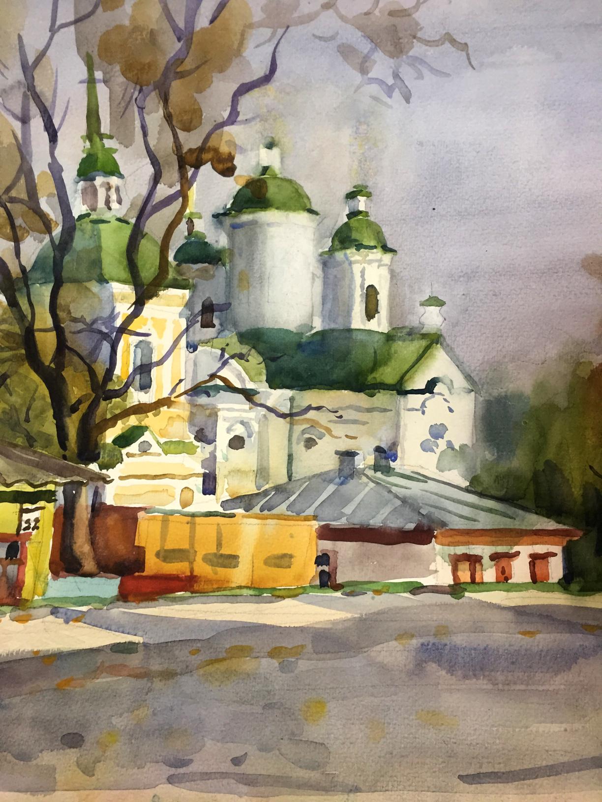 Watercolor painting City center and with church Viktor Kryzhanivskyi