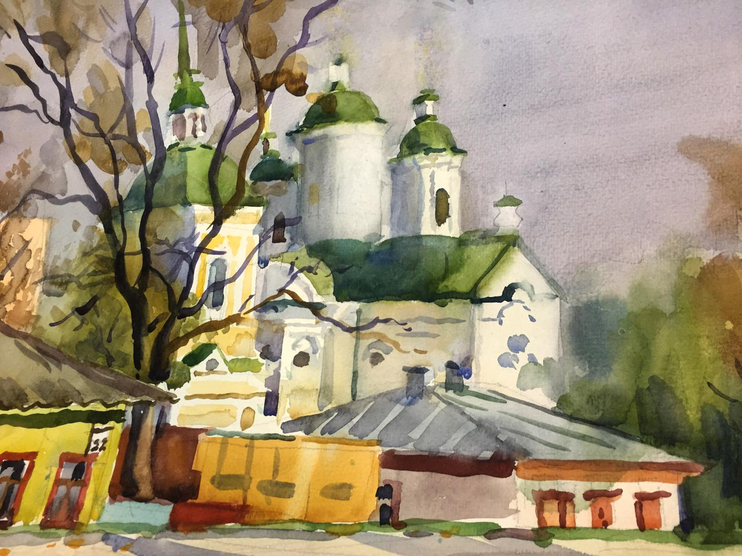 Watercolor painting City center and with church Viktor Kryzhanivskyi