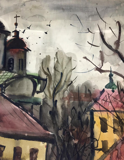 Watercolor painting of a church by Viktor Vladimirovich Kryzhanivskyi.