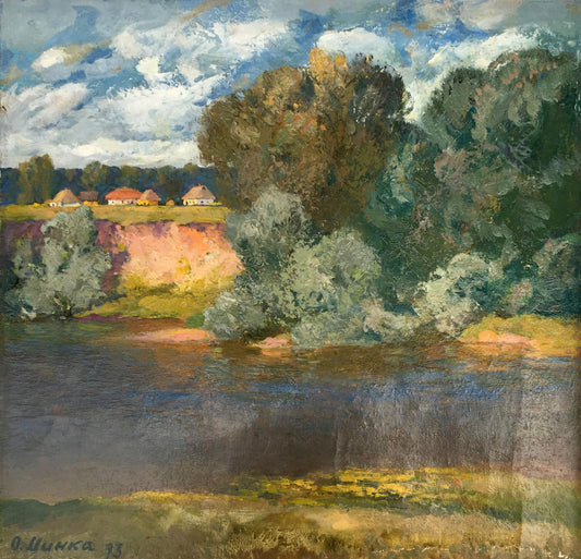 Oil painting Village near the river Alexander Mynka