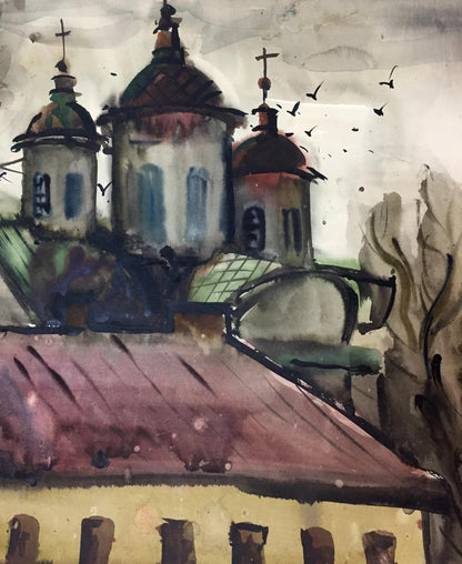 Church depicted in watercolor by Viktor Vladimirovich Kryzhanivskyi.