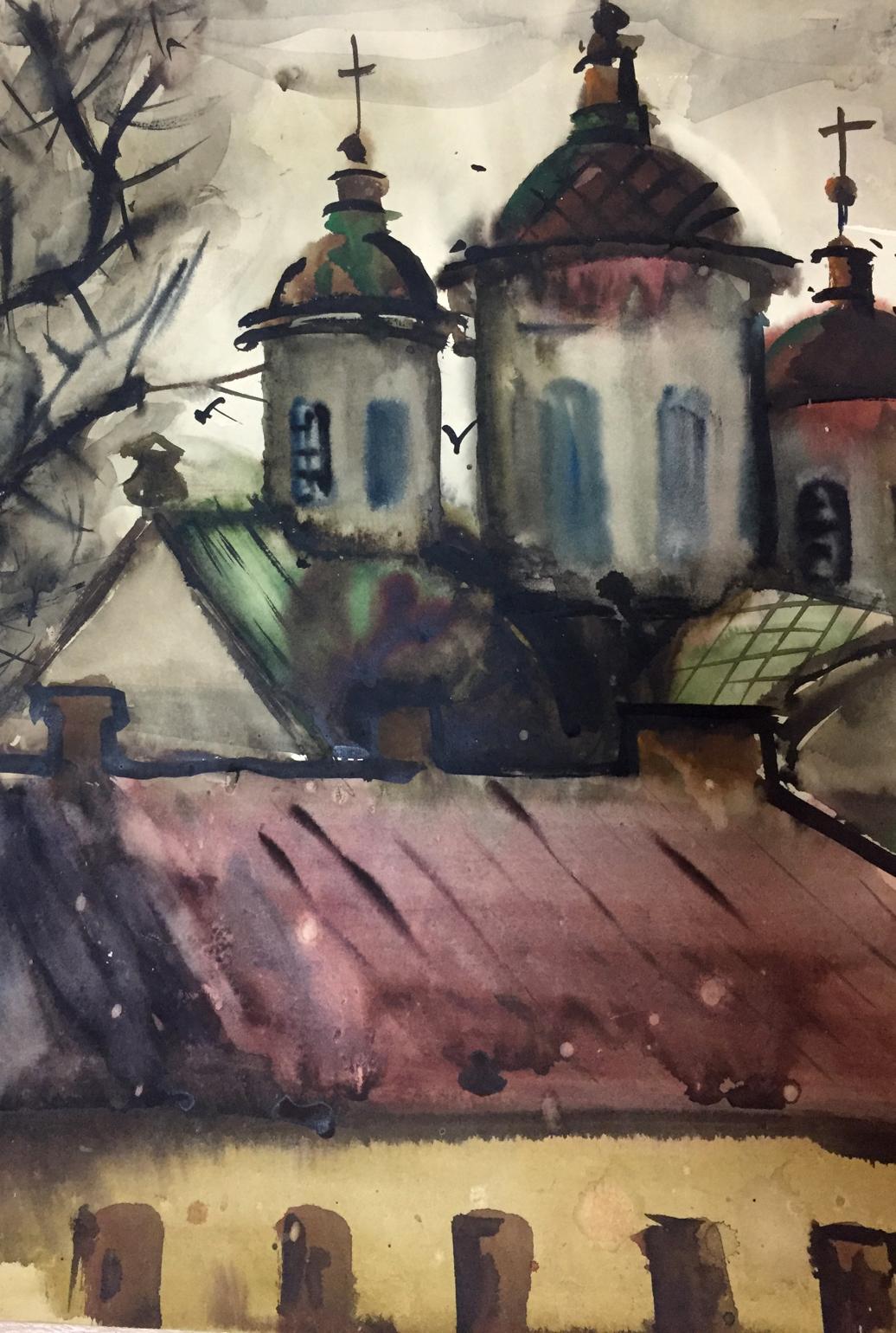 Viktor Vladimirovich Kryzhanivskyi's watercolor painting of a church.