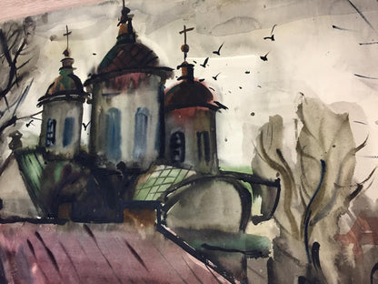 Viktor Vladimirovich Kryzhanivskyi illustrates a church in watercolor.