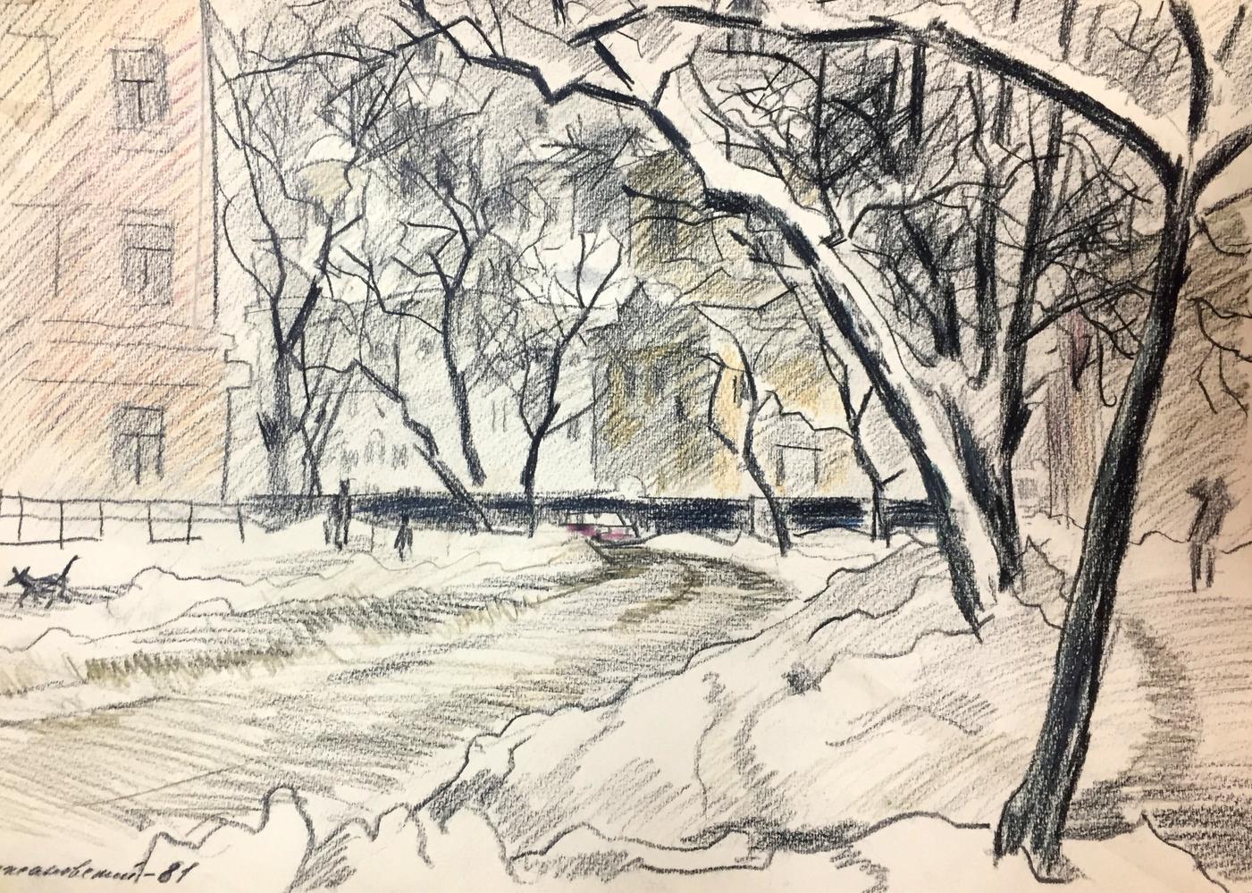 Pencils painting Pokrovnaya street. Winter Kryzhanivskyi Viktor Vladimirovich