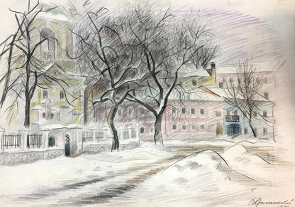 Pencils painting Winter city streets Viktor Kryzhanivskyi