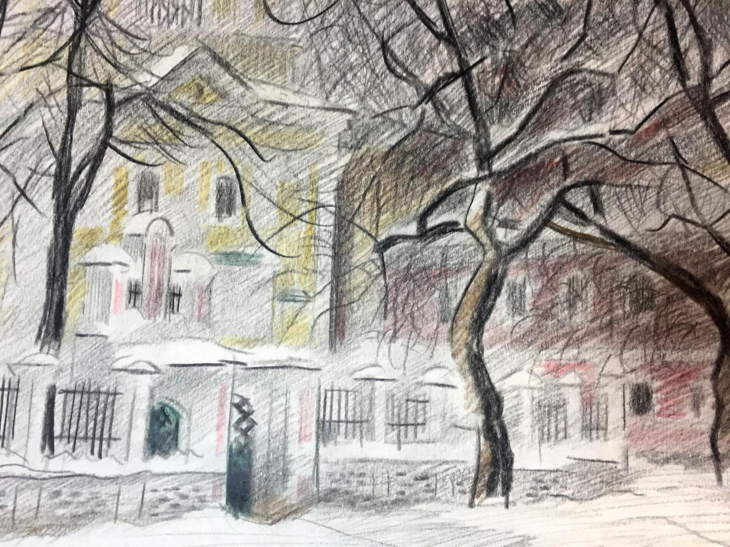 Pencils painting Winter city streets Viktor Kryzhanivskyi