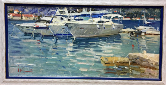 Oil painting Yacht and reflection in white Irina Kalyuzhnaya