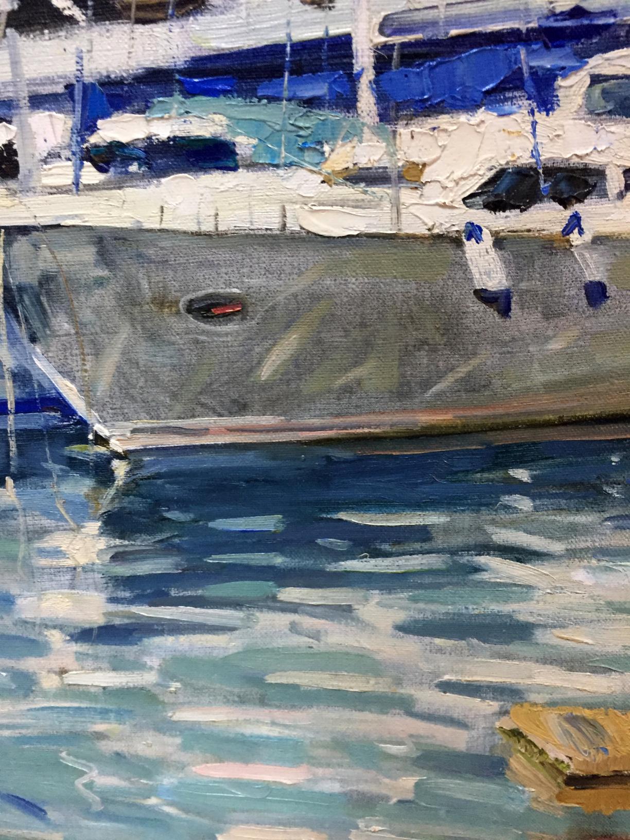 Oil painting Yacht and reflection in white Irina Kalyuzhnaya