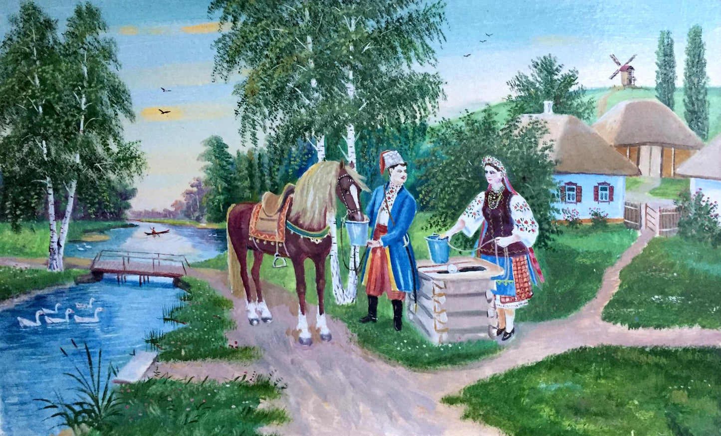 Oil painting Ukrainian naive Couple near the well
