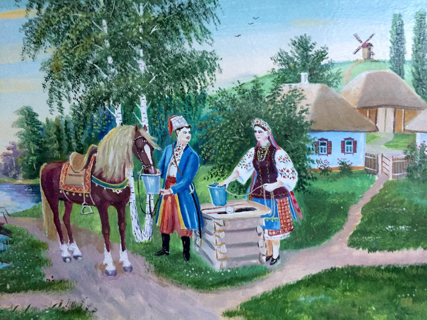 Oil painting Ukrainian naive Couple near the well