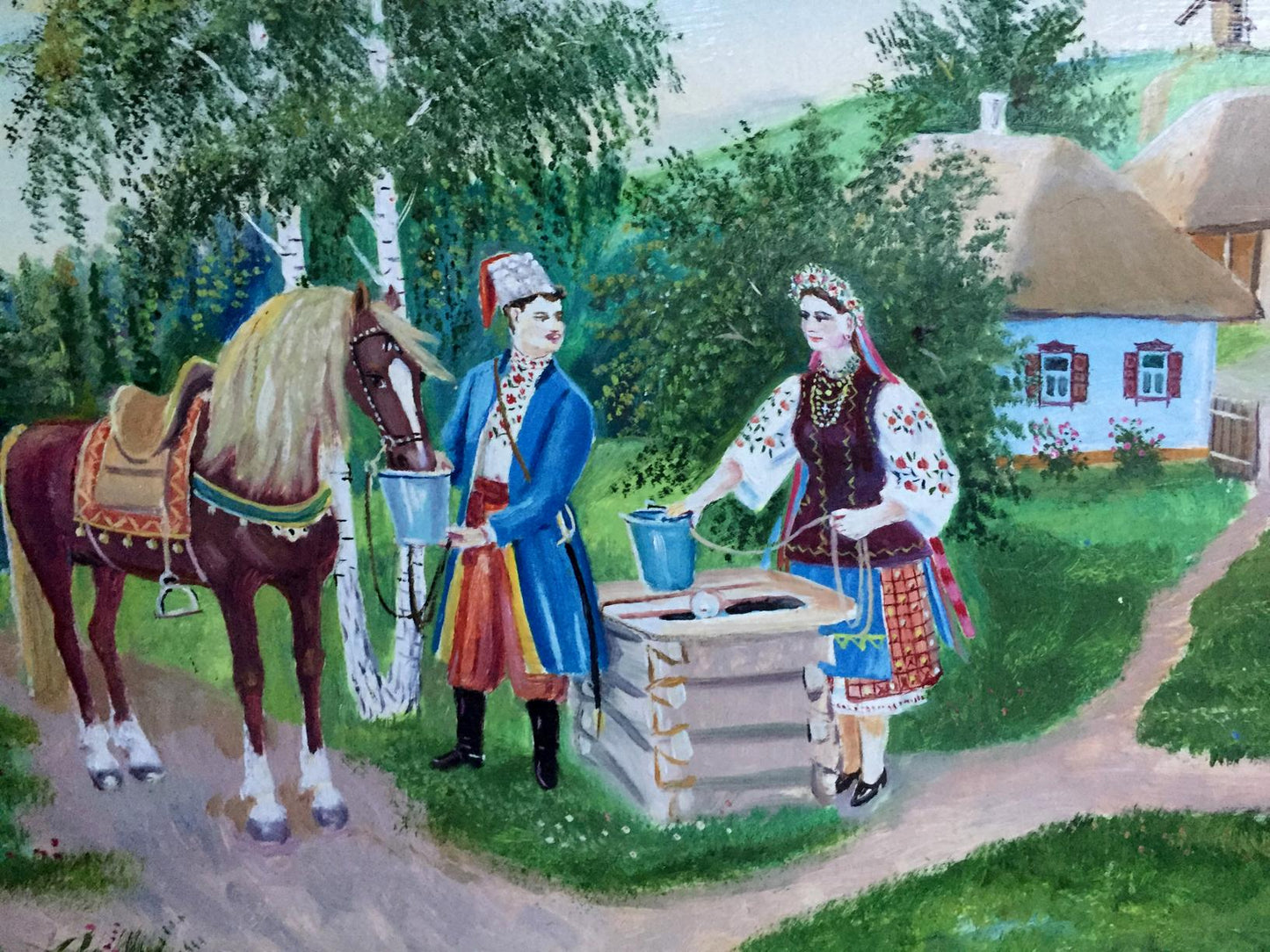 Oil painting Ukrainian naive Couple near the well