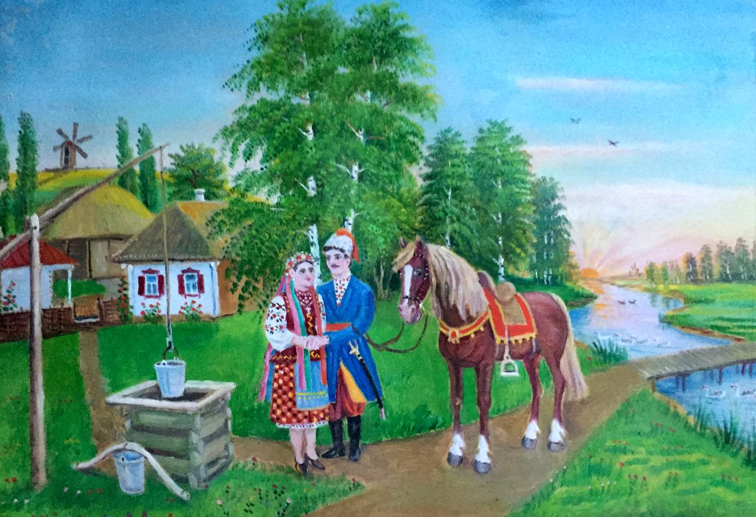 Oil painting Ukrainian naive village