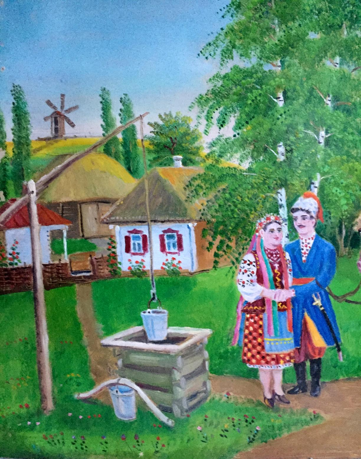 Oil painting Ukrainian naive village