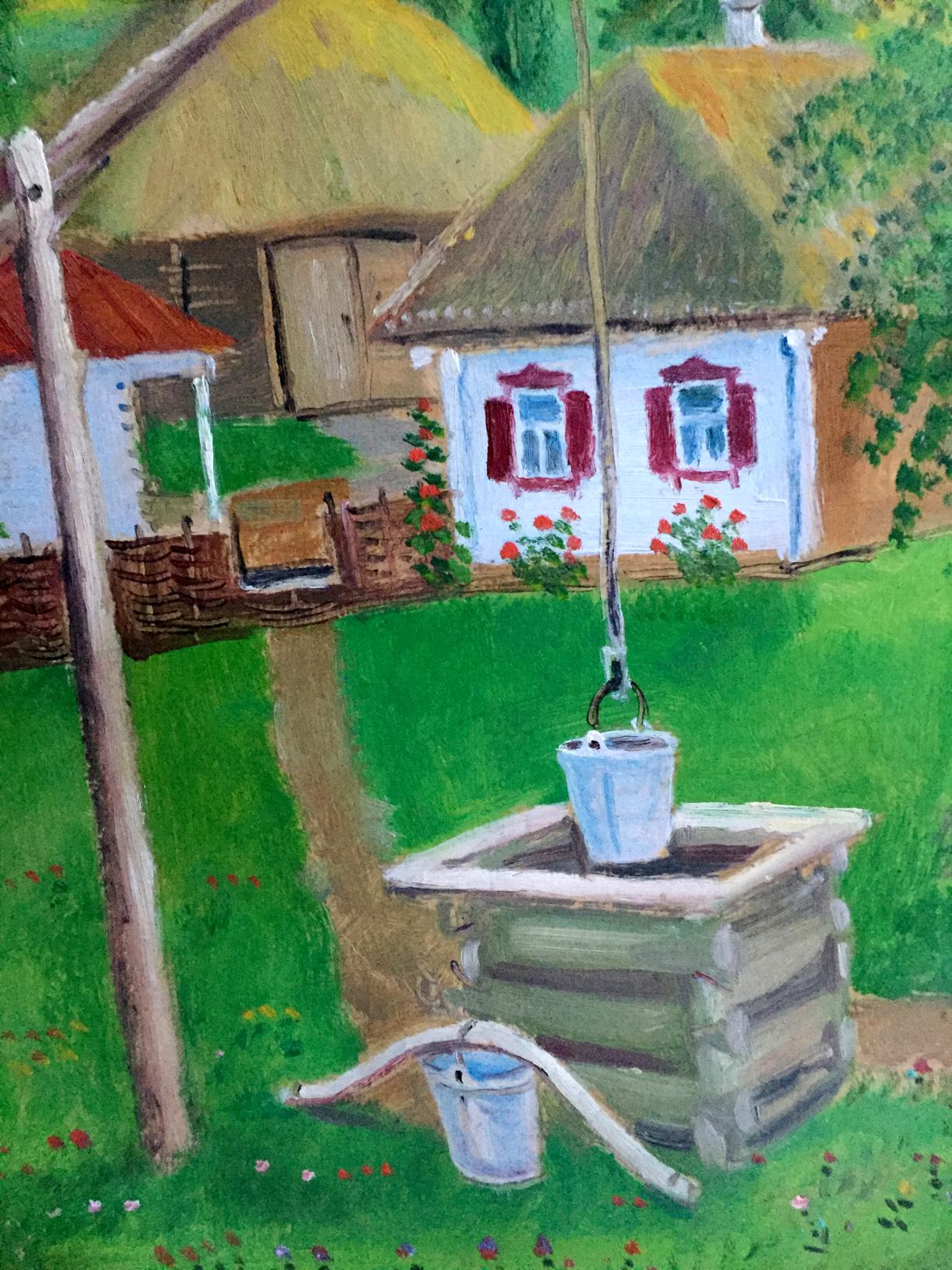 Oil painting Ukrainian naive village
