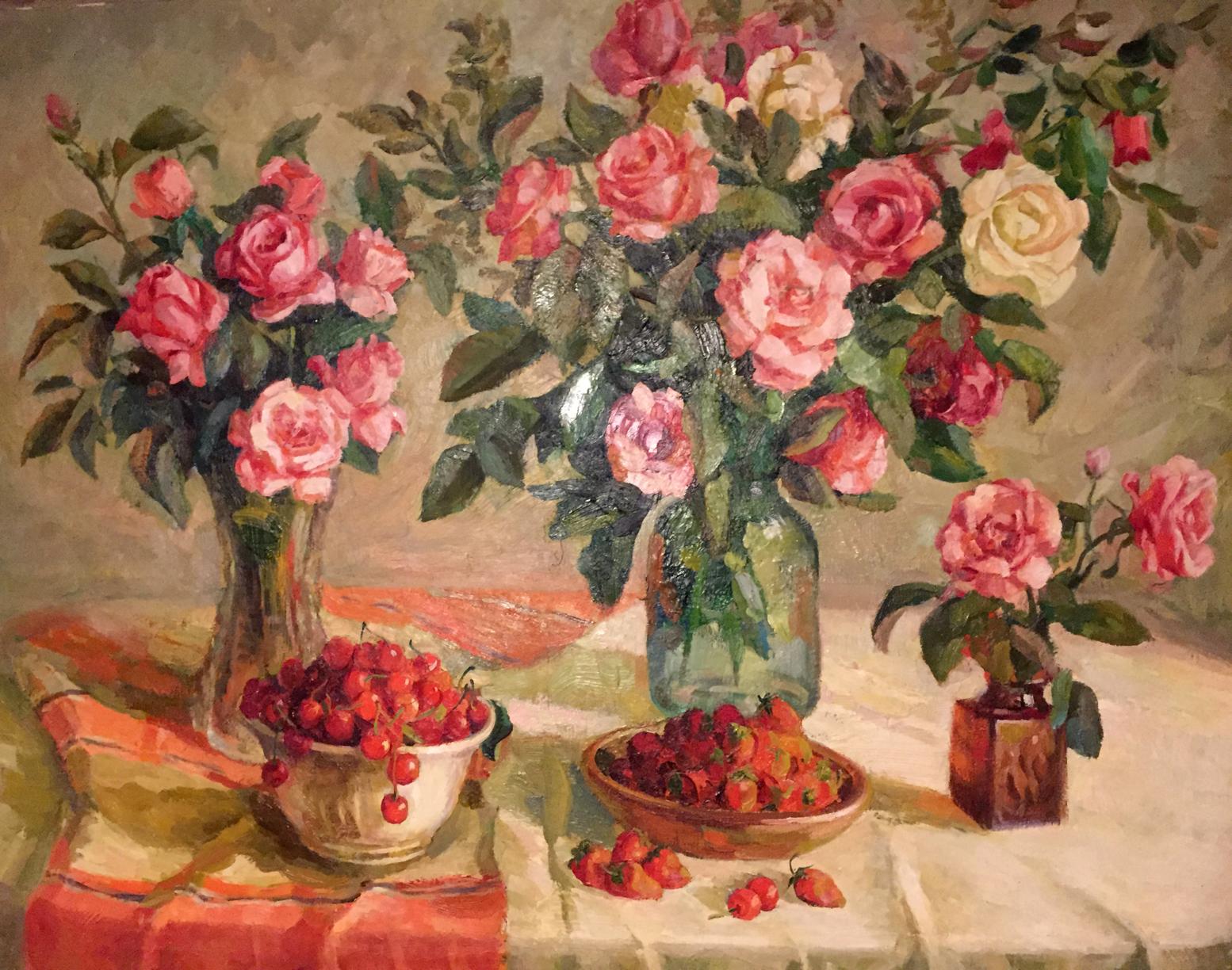 Oil painting capturing the beauty of flowers and berries by Vladimir Monastyretsky