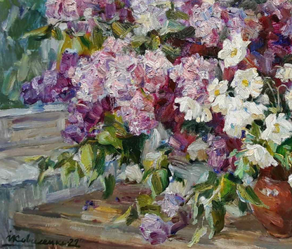 Oil painting purple bouquet Kovalenko Ivan Mikhailovich